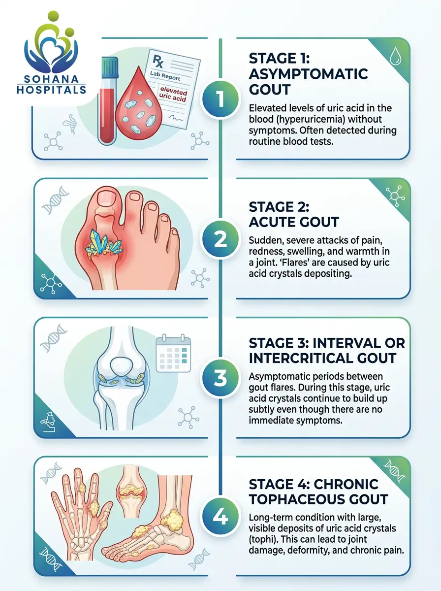 Stages of Gout: Stage 1: Asymptomatic Gout - Stage 2: Acute Gout - Stage 3: Interval or Intercritical Gout - Stage 4: Chronic Tophaceous Gout